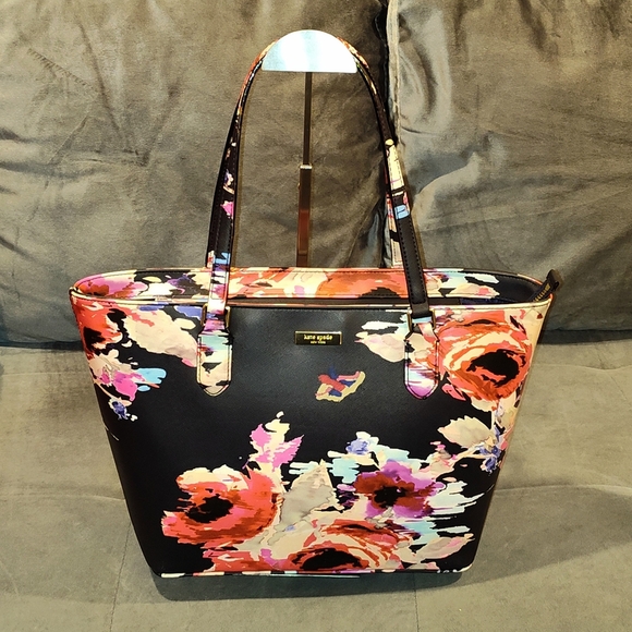 KATE SPADE NEW YORK SMALL TALLY BLURRY FLORAL LAUREL WAY BLACK TOTE - Picture 1 of 16